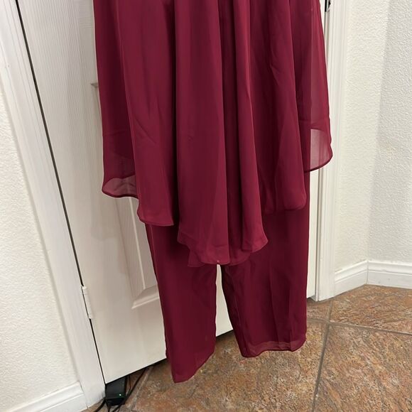 Wedding Pant Suit Maroon Red Sheer Ruched Cap Sleeve Embroidered Beaded Elegant - Picture 10 of 15